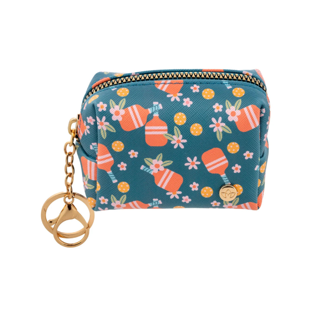 A small zippered pouch with a gold-tone chain and keyring, featuring a teal blue background with a pattern of orange pickleball pattles, white flowers, and yellow sunflowers.
