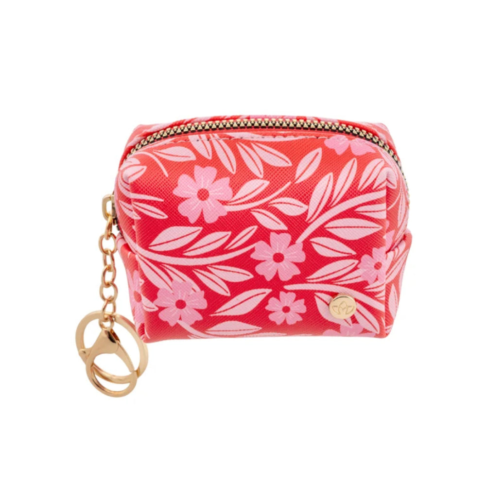 A small zippered pouch with a red and pink floral pattern, featuring a gold-tone chain strap and key ring on a plain white background.