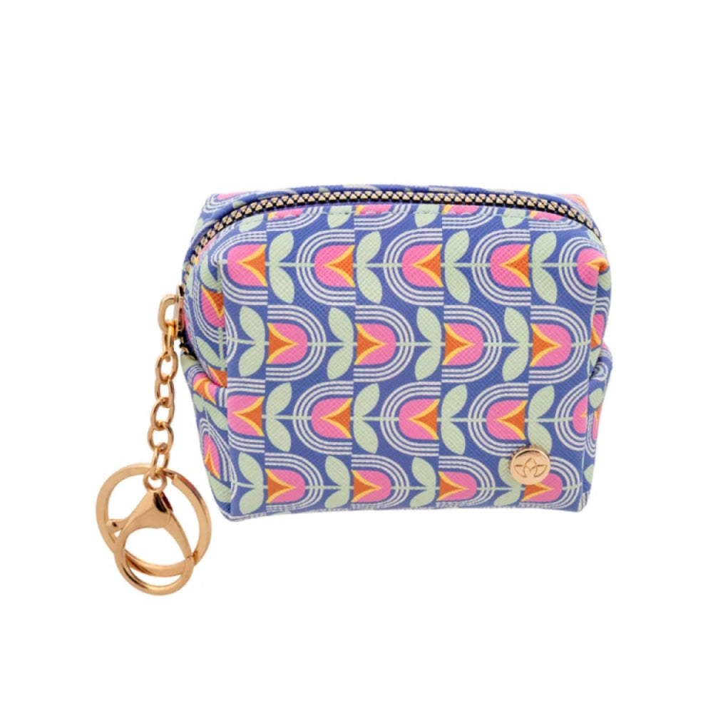 A small zippered pouch with a retro mid-century modern pattern in blue, pink, orange, and green, featuring a gold-tone chain and keyring attachment.