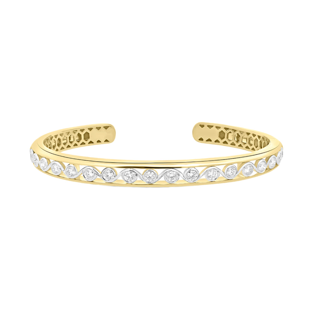 Yellow gold bracelet with diamond center row accents on a white background