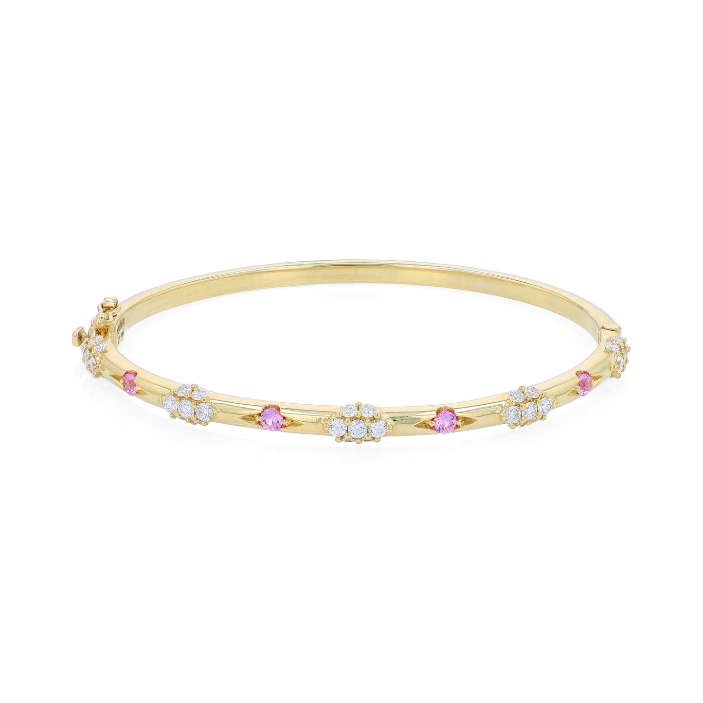 Yellow gold bracelet with pink sapphire and diamond accents on a white background