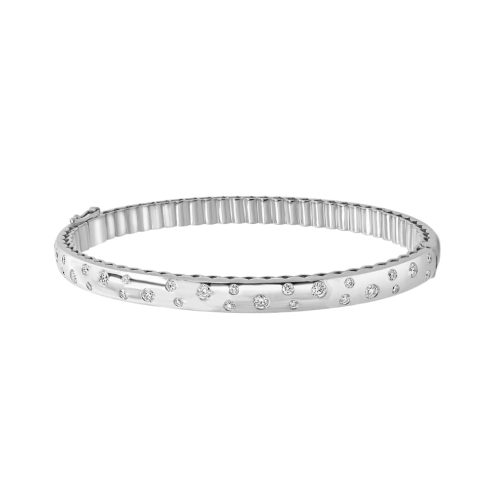 White gold bracelet with scattered diamonds on a white background