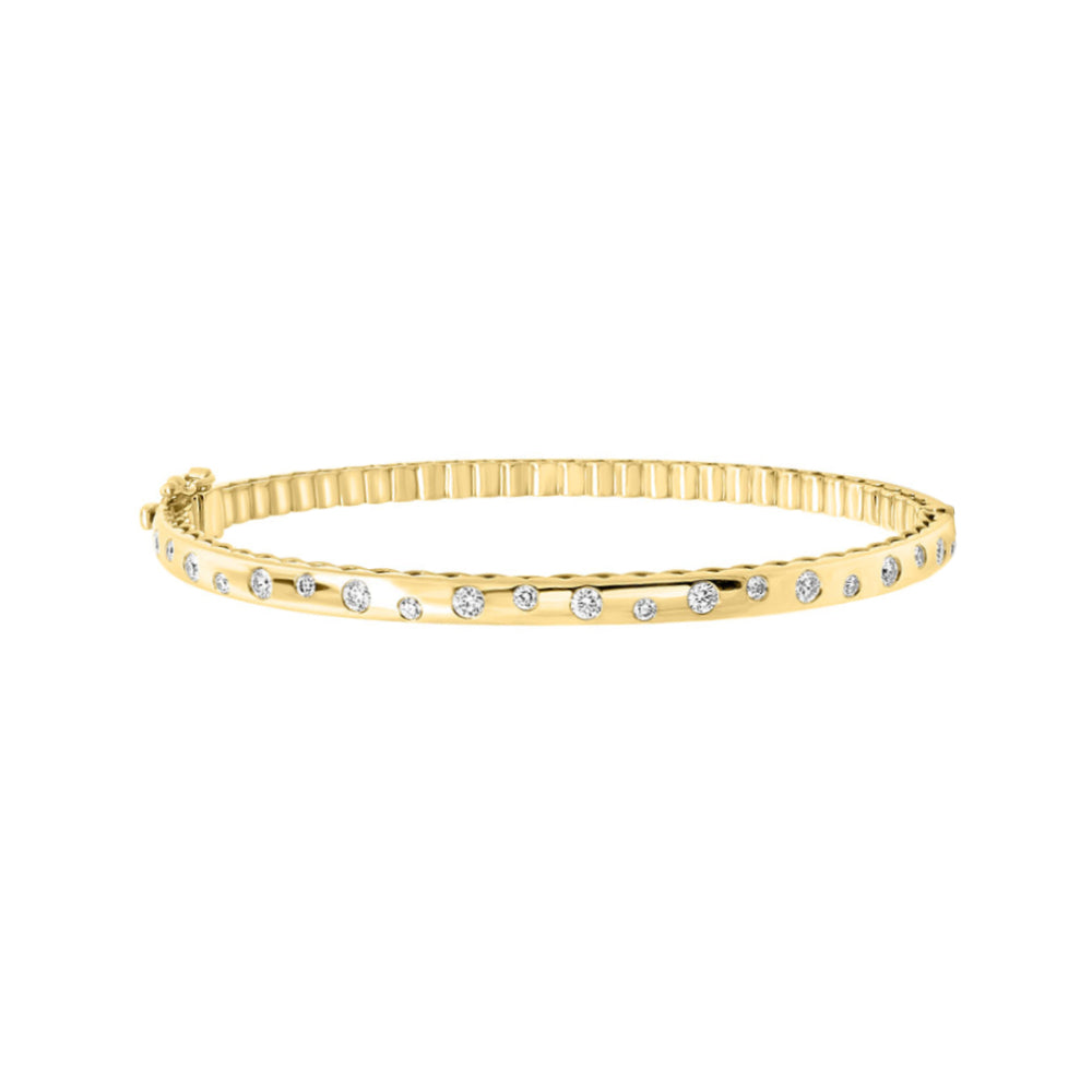 Yellow gold bracelet with scattered diamonds on a white background