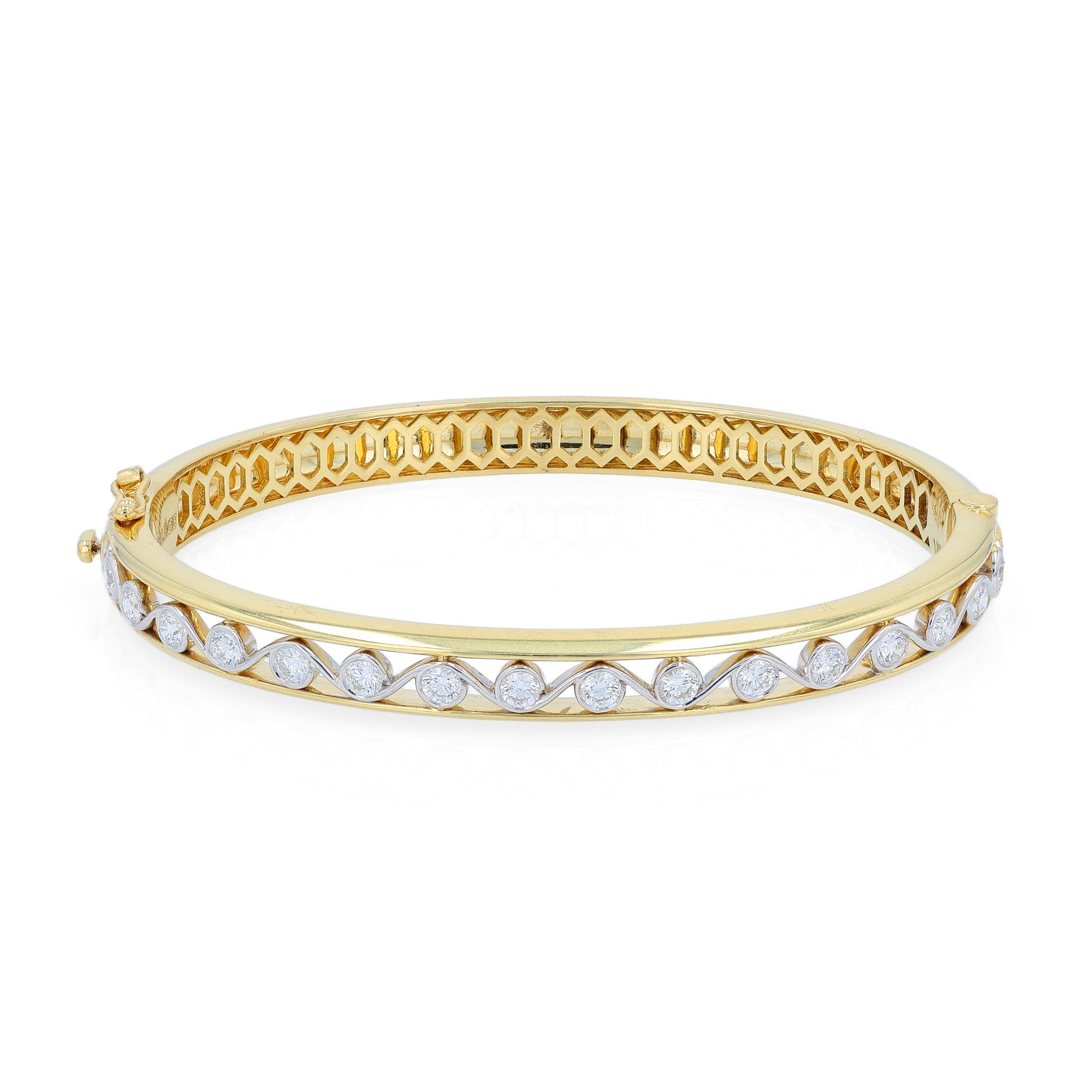 Gold bracelet with bezel-set diamond center accents on a white background