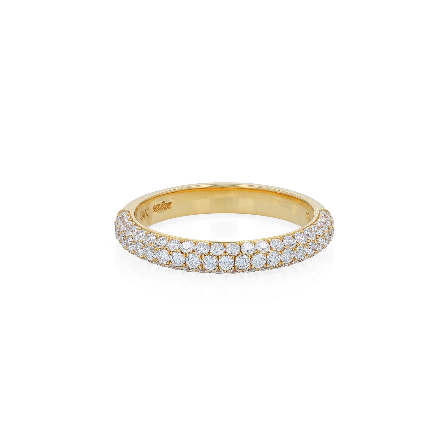 Yellow gold ring with embedded diamonds on a white background