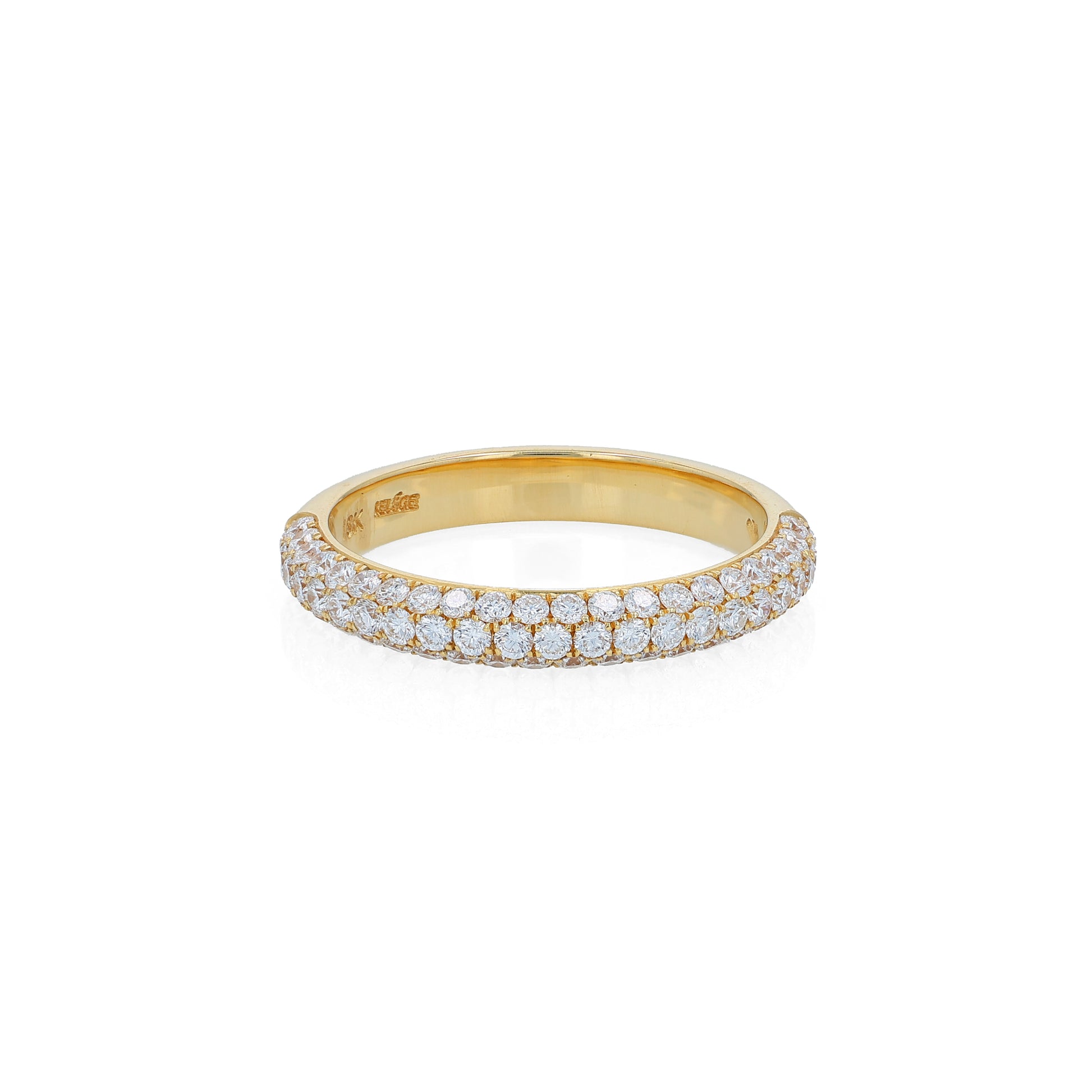 Yellow gold ring with embedded diamonds on a white background