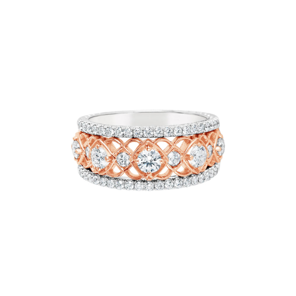 Two-tone open work band with diamond accents on a white background