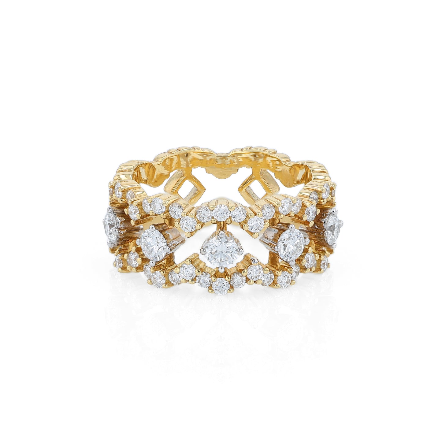 Yellow gold open work band with diamond accents on a white background