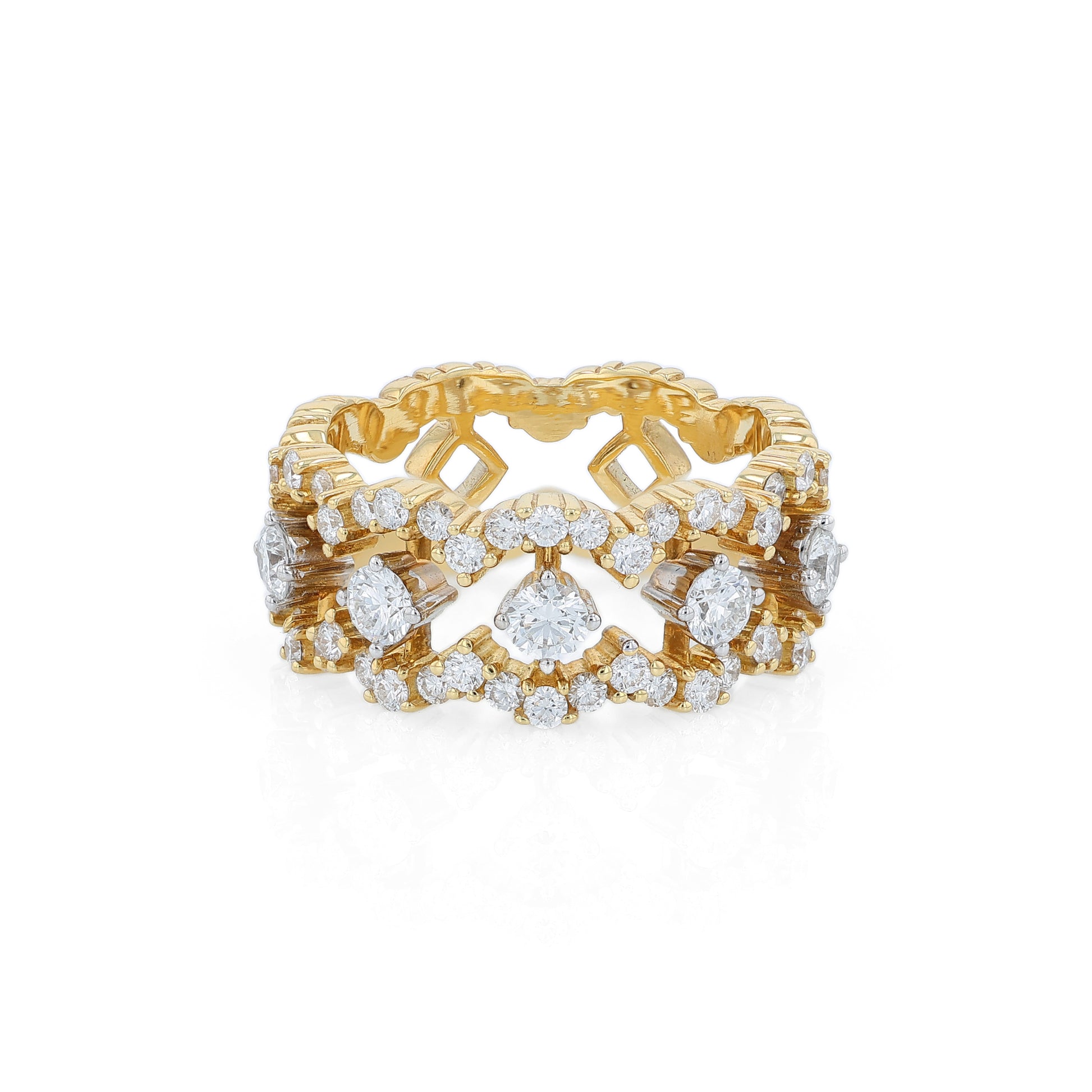 Yellow gold open work band with diamond accents on a white background