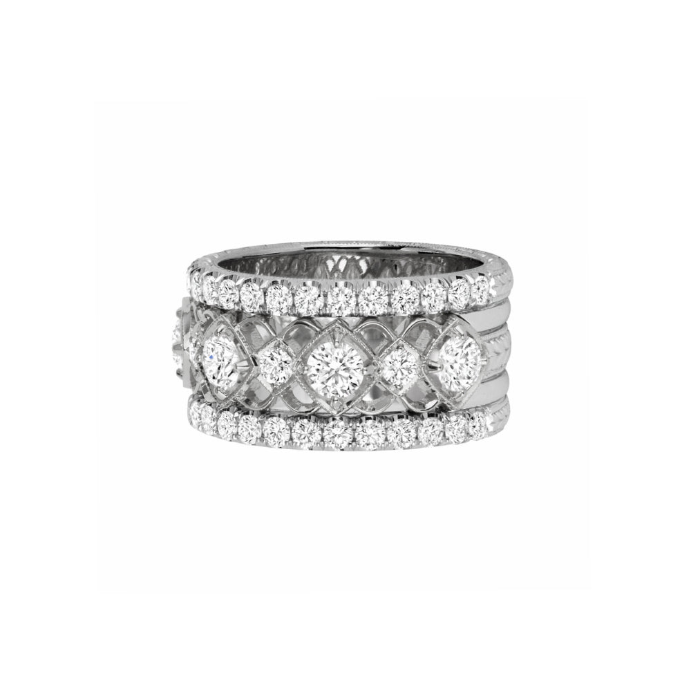 White gold open work band with diamond accents on a white background