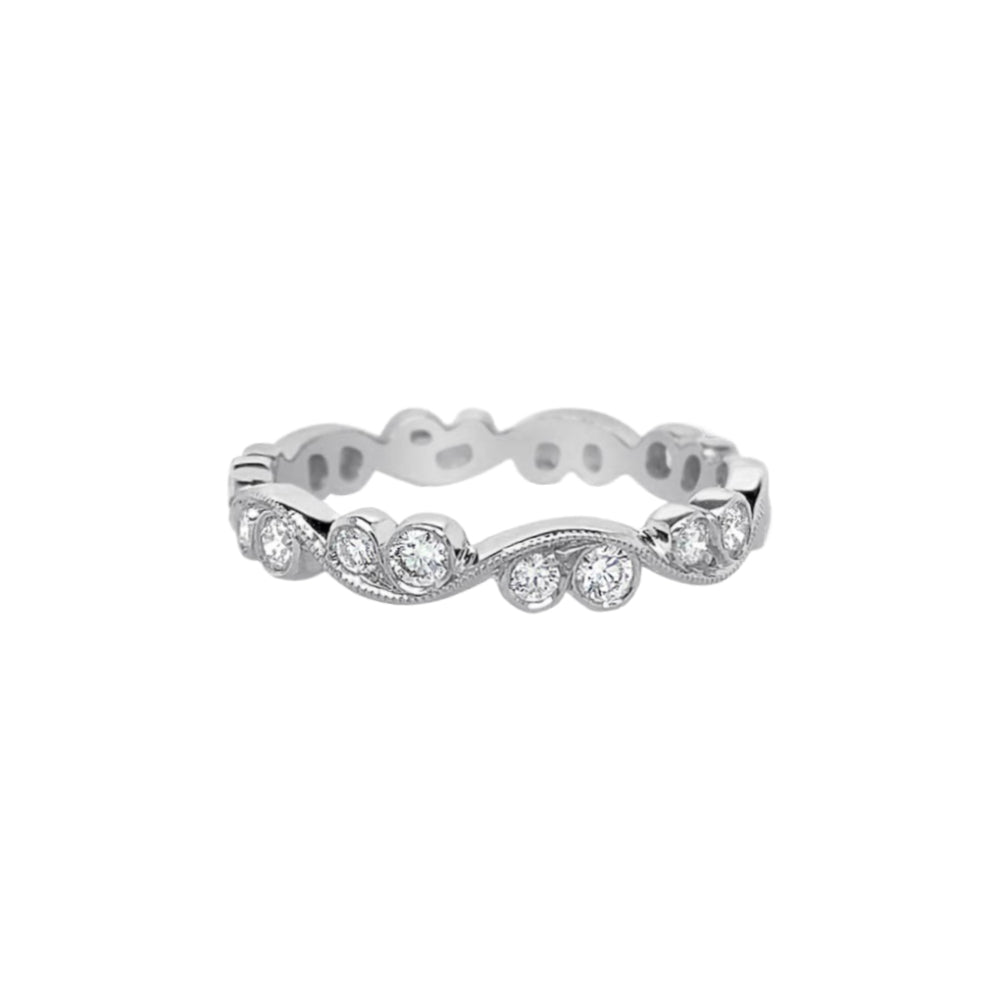 White gold swirl design diamond band on a white background