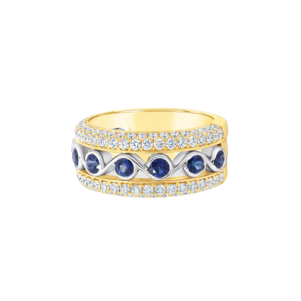 Two-tone gold ring with diamond row edges and a blue sapphire center row on a white background
