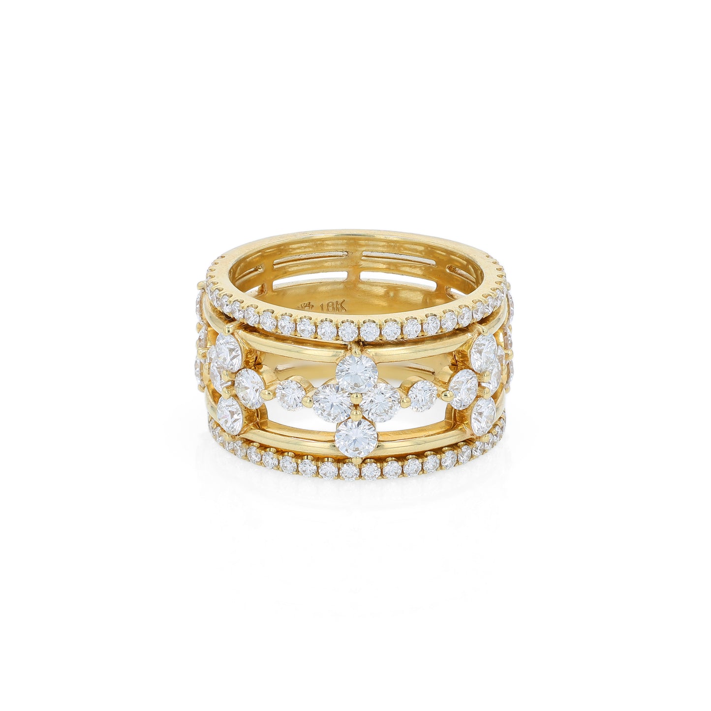 Yellow gold ring with diamond accents on a white background