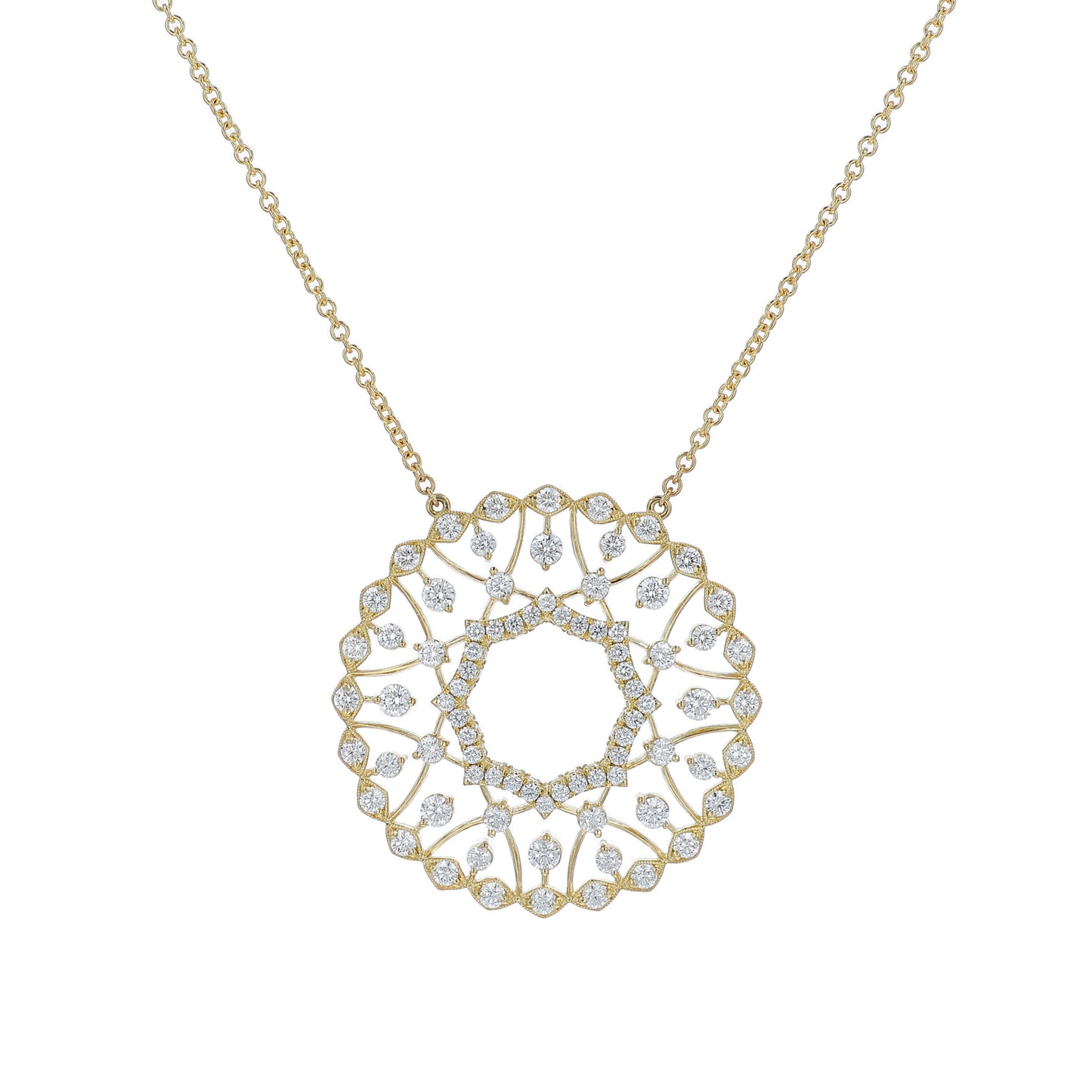 Yellow gold pendant necklace with diamond accents on a white background