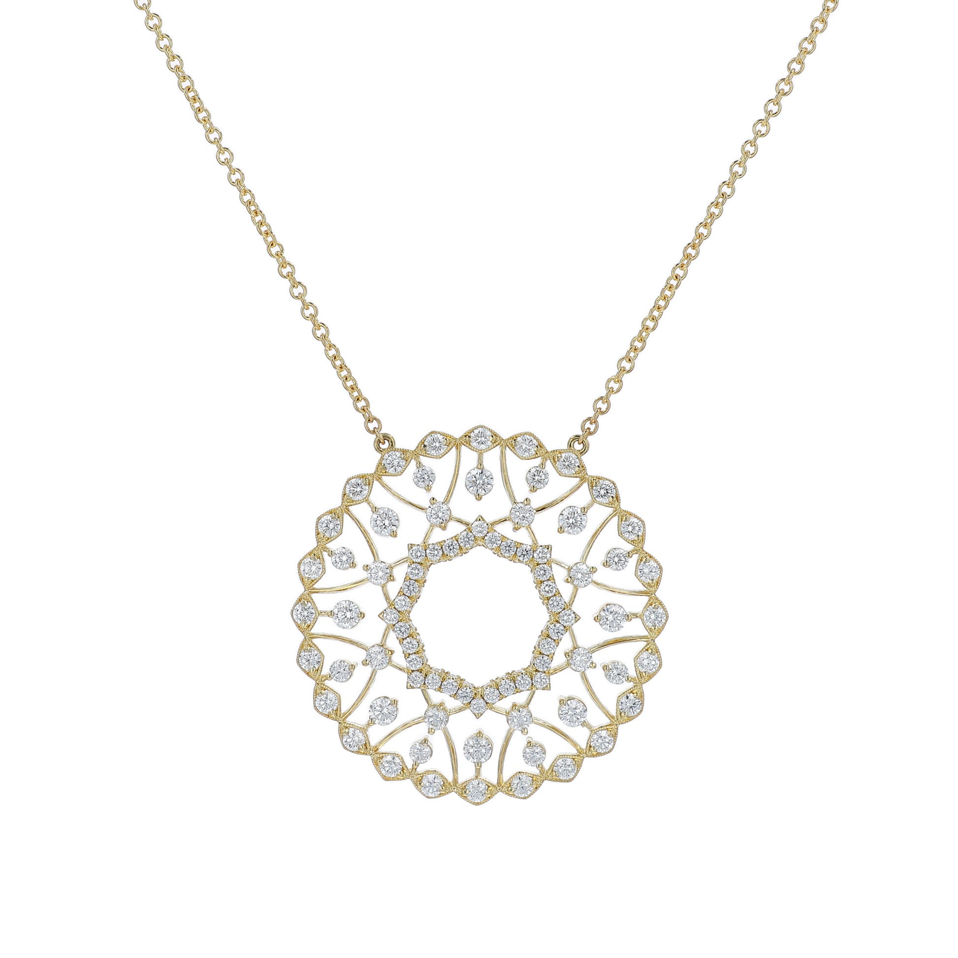 Yellow gold pendant necklace with diamond accents on a white background