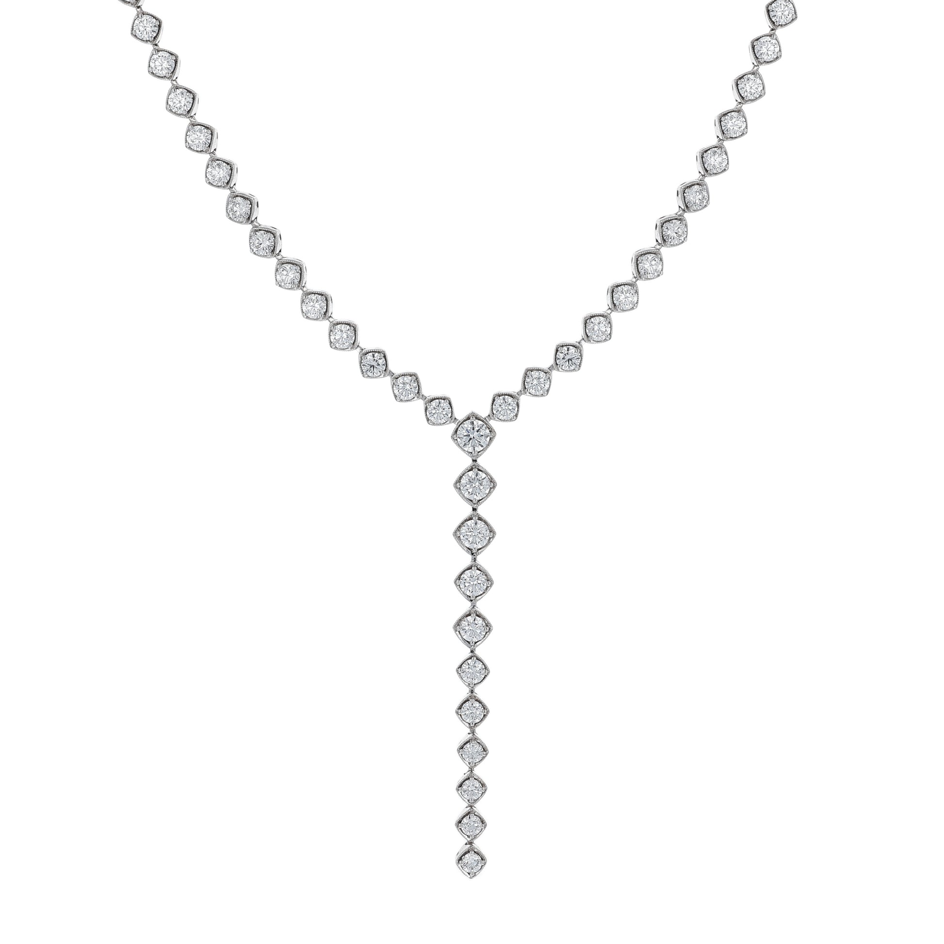White Gold diamond lariat necklace on a white background
