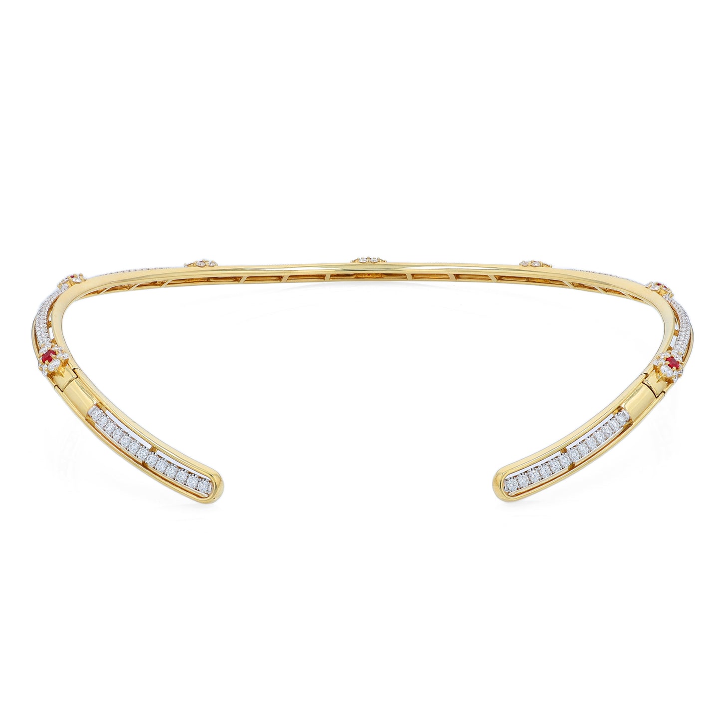 Gold collar necklace with diamond center row and ruby accents on a white background