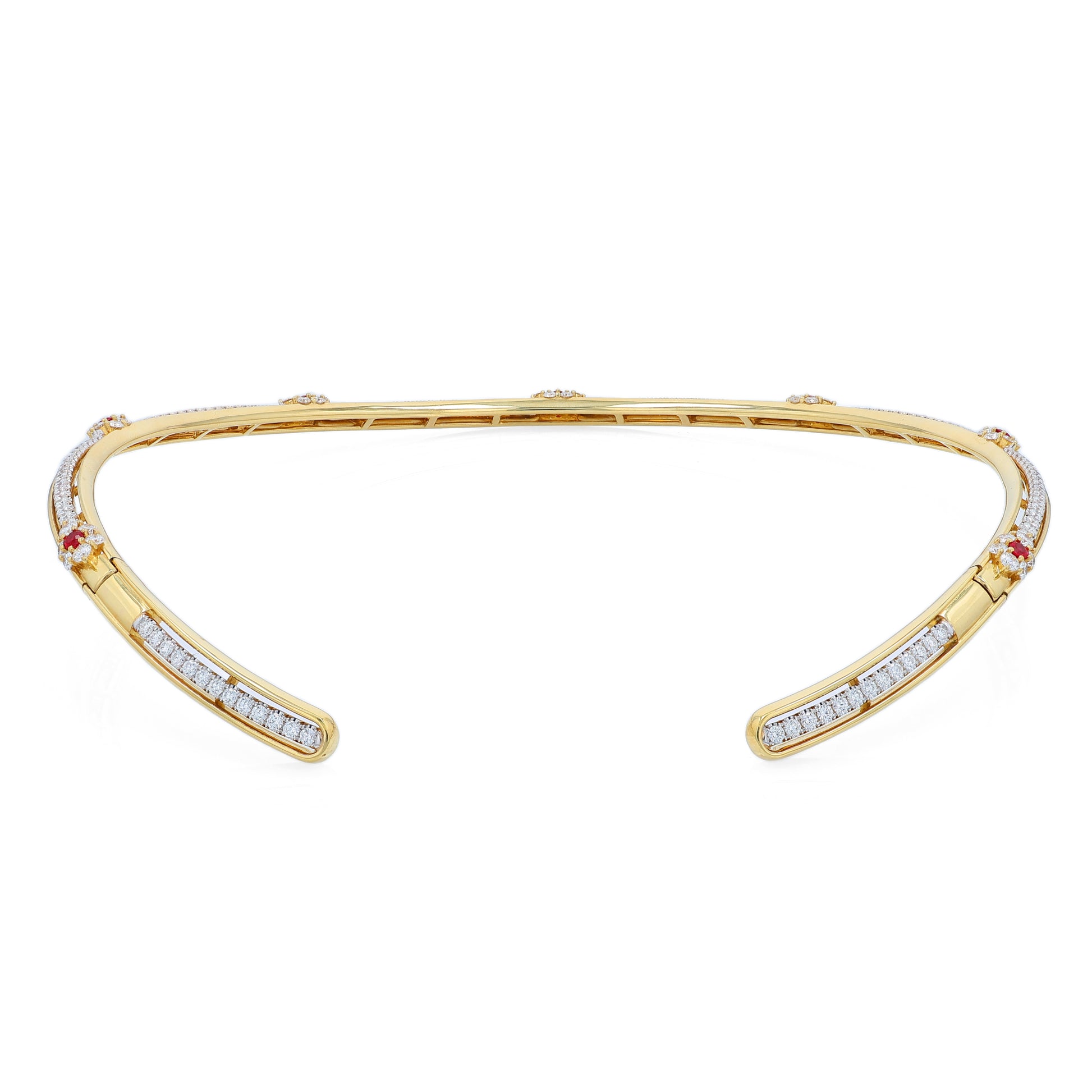 Gold collar necklace with diamond center row and ruby accents on a white background