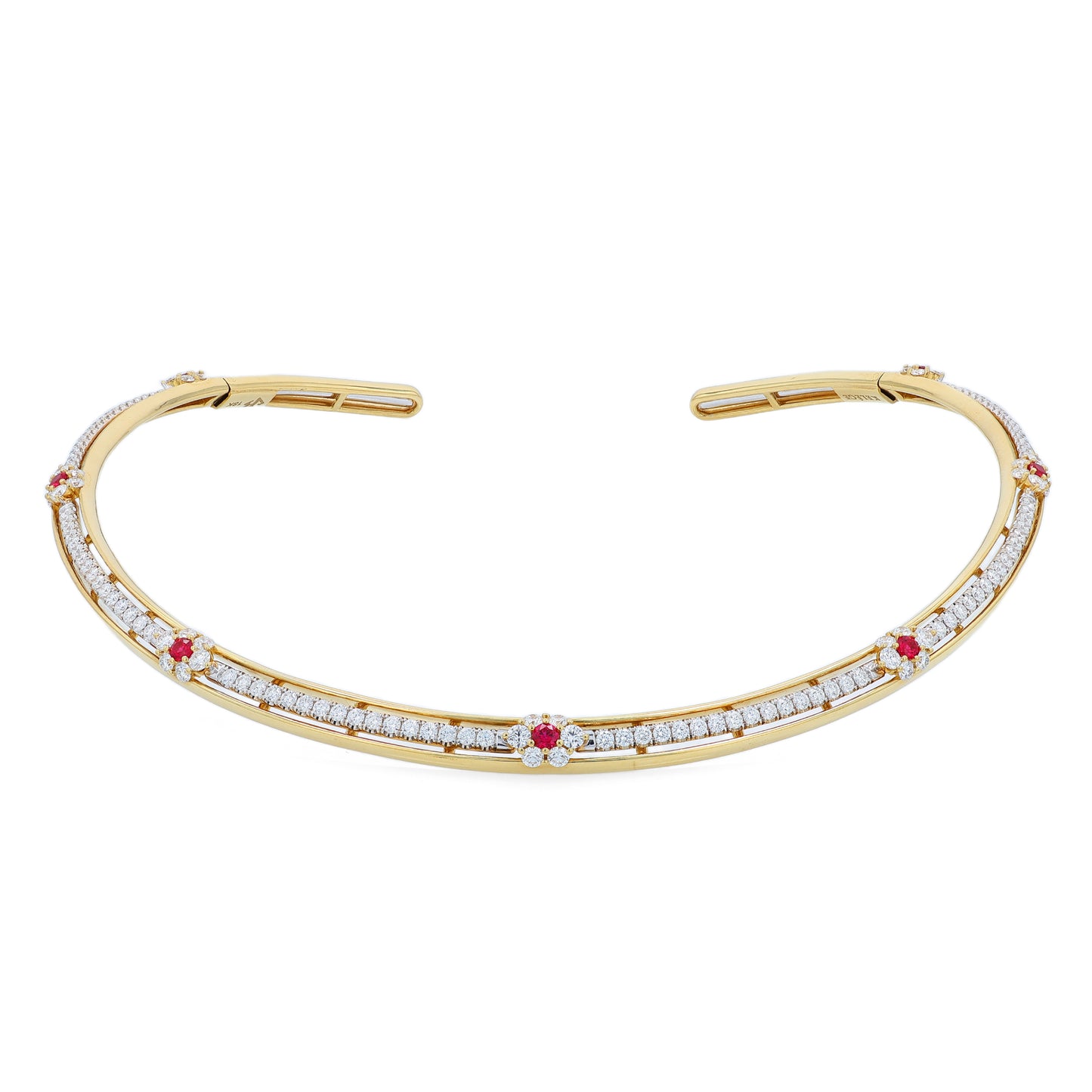 Gold collar necklace with diamond center row and ruby accents on a white background