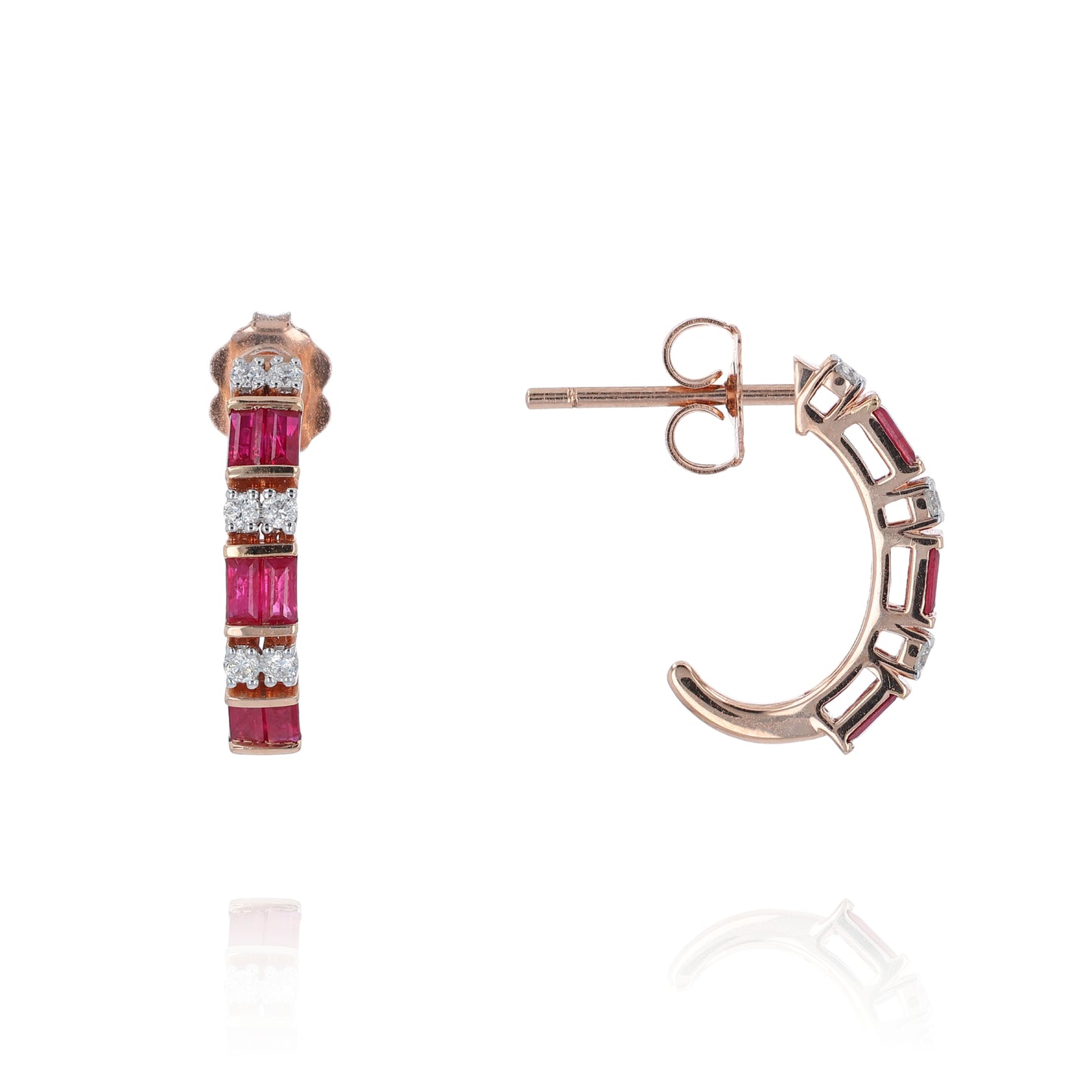 Rose gold alternating diamond and ruby hoop earrings on a white background