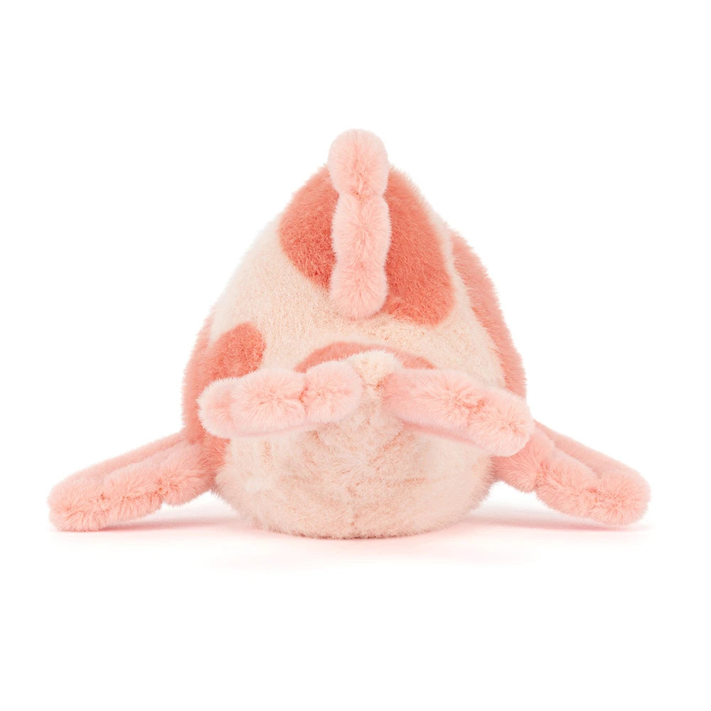 Photo of the back of a pink fancy carp fish plush toy in differant shades of pink on a white backround 