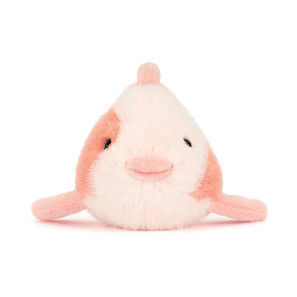 Photo of a pink fancy carp fish plush toy in differant shades of pink on a white backround 