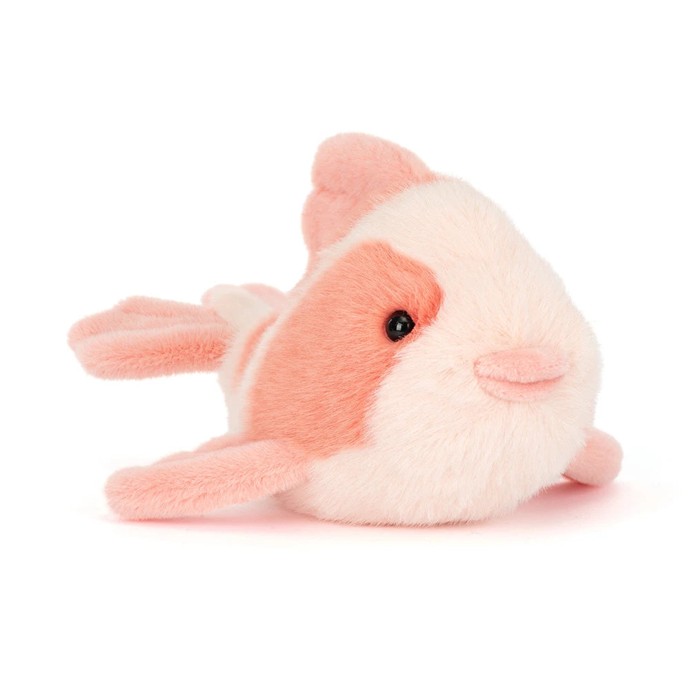 A angled side photo of a pink fancy carp fish plush toy in differant shades of pink on a white backround 
