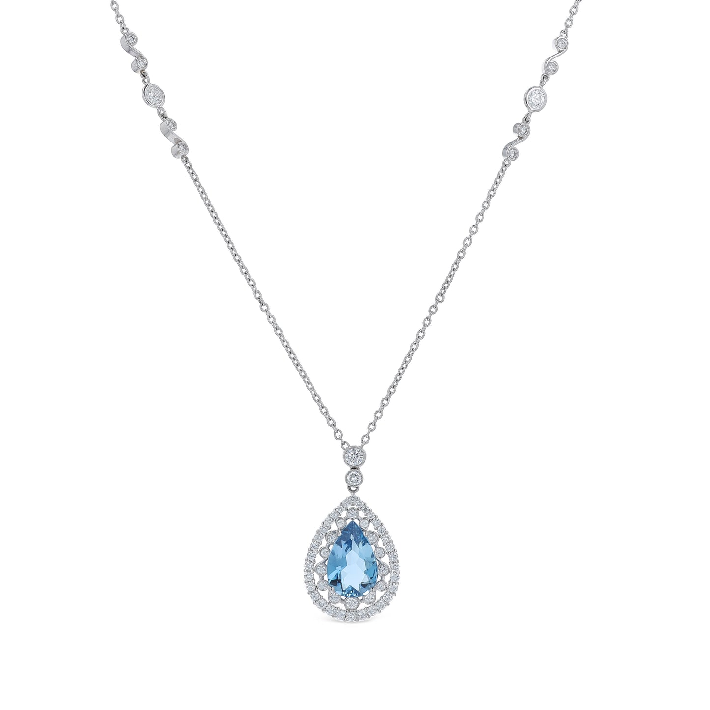 Platinum pear shaped aquamarine and diamond double halo pendant necklace with chain on a white background