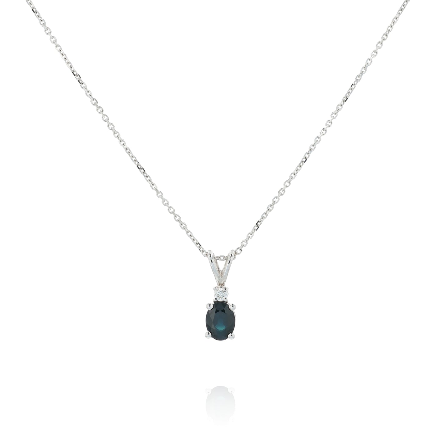 14k White Gold Oval Blue Sapphire and Diamond Pendant Necklace