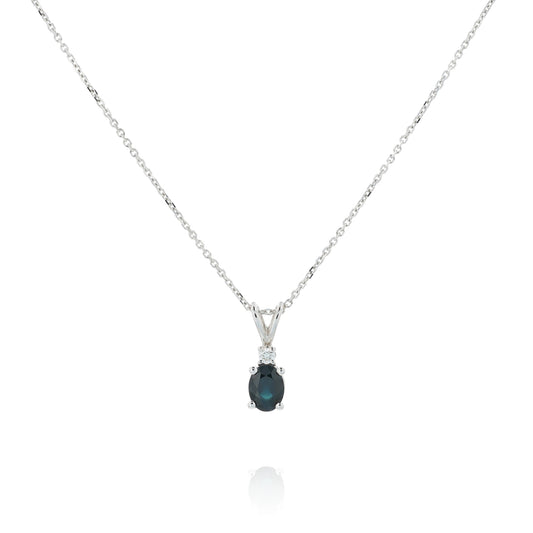 14k White Gold Oval Blue Sapphire and Diamond Pendant Necklace