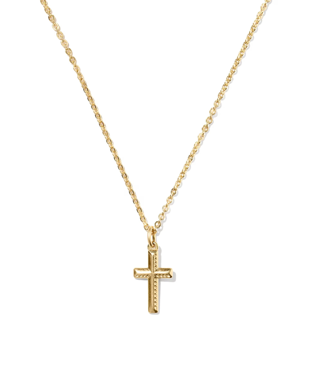 A delicate gold chain necklace with a small cross pendant, photographed against a solid white background.