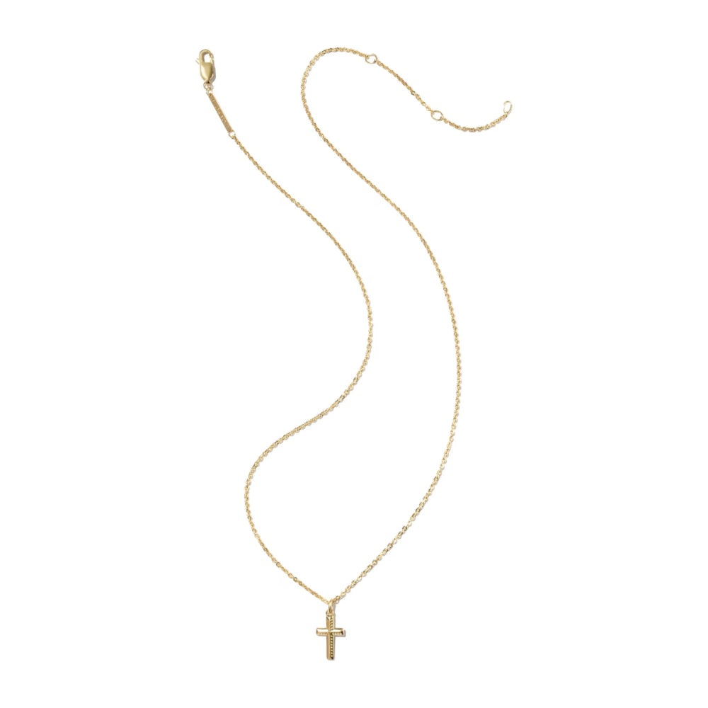 A delicate gold chain necklace with a small cross pendant, displayed on a clean white background.