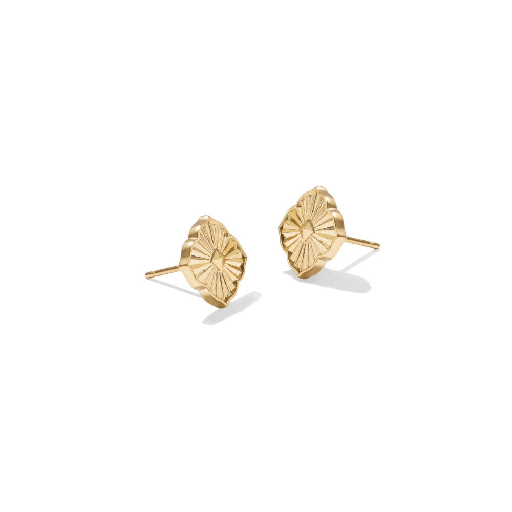 A pair of gold stud earrings with a textured, sunburst-like petal design, shown on a clean white background with soft shadows.