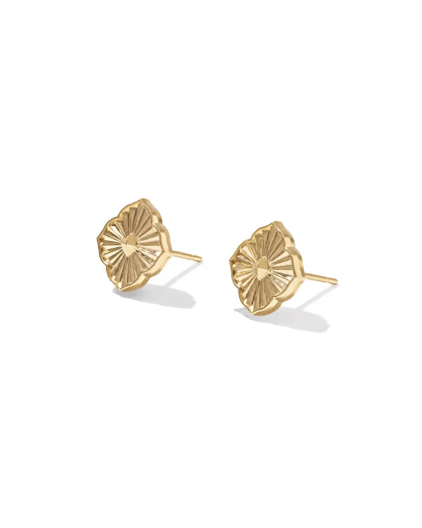 A pair of gold stud earrings with a textured, sunburst-like petal design, shown on a clean white background with soft shadows.