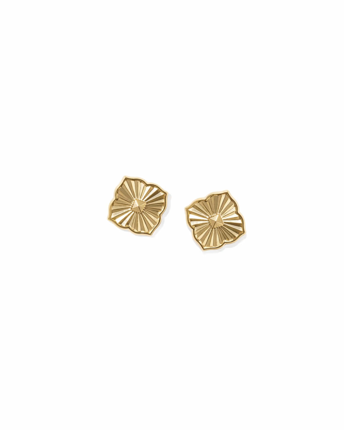 A pair of gold stud earrings with a textured, sunburst-like petal design, shown on a clean white background with soft shadows.