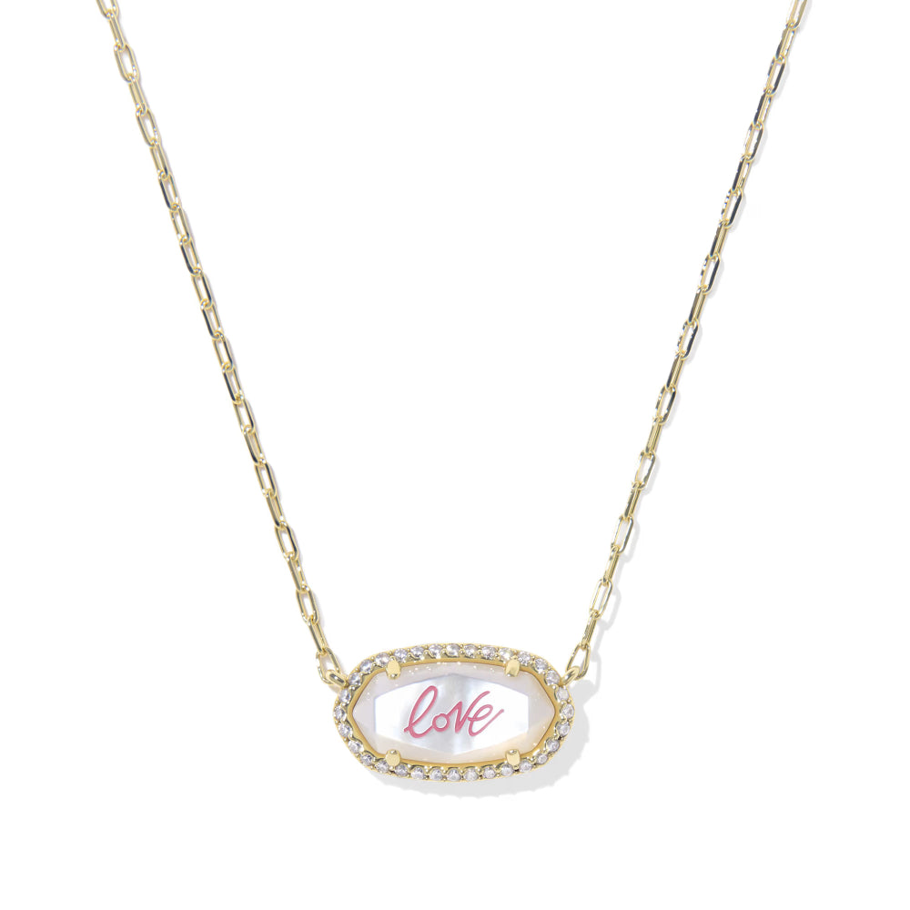 Kendra Scott Elisa Pave Frame Short Pendant Necklace in Gold Ivory Mother of Pearl Love Script