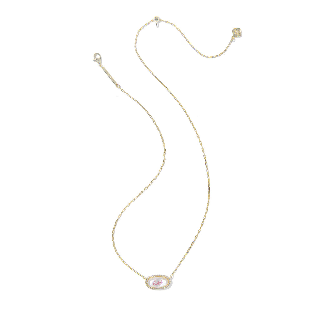 Kendra Scott Elisa Pave Frame Short Pendant Necklace in Gold Ivory Mother of Pearl Love Script