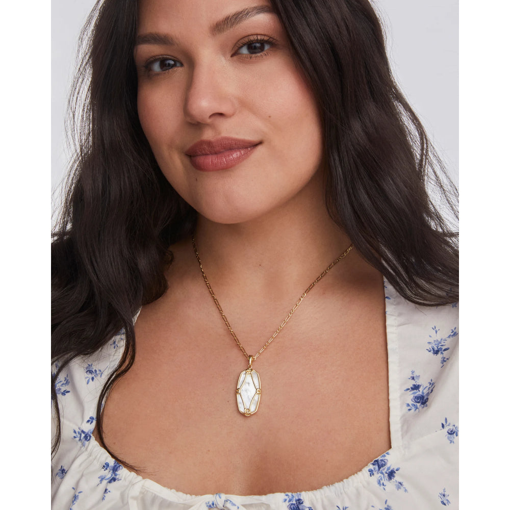Kendra Scott Gold Elle Lattice Frame Large Long Pendant Necklace - Light Green Mother of Pearl