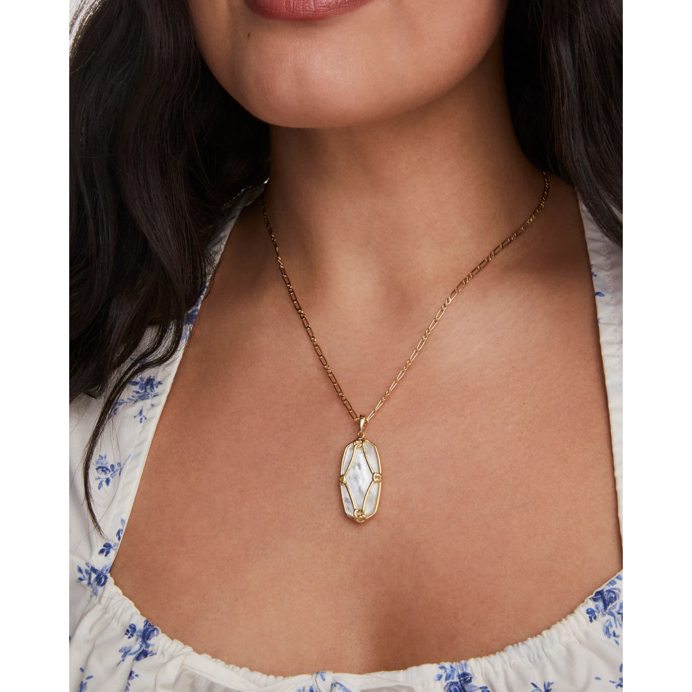Kendra Scott Gold Elle Lattice Frame Large Long Pendant Necklace - Light Green Mother of Pearl