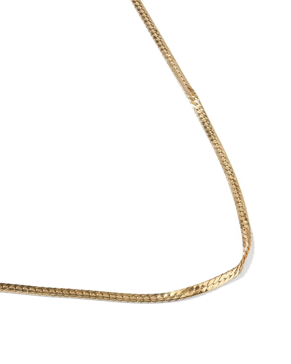 A delicate gold chain necklace on a solid white background.