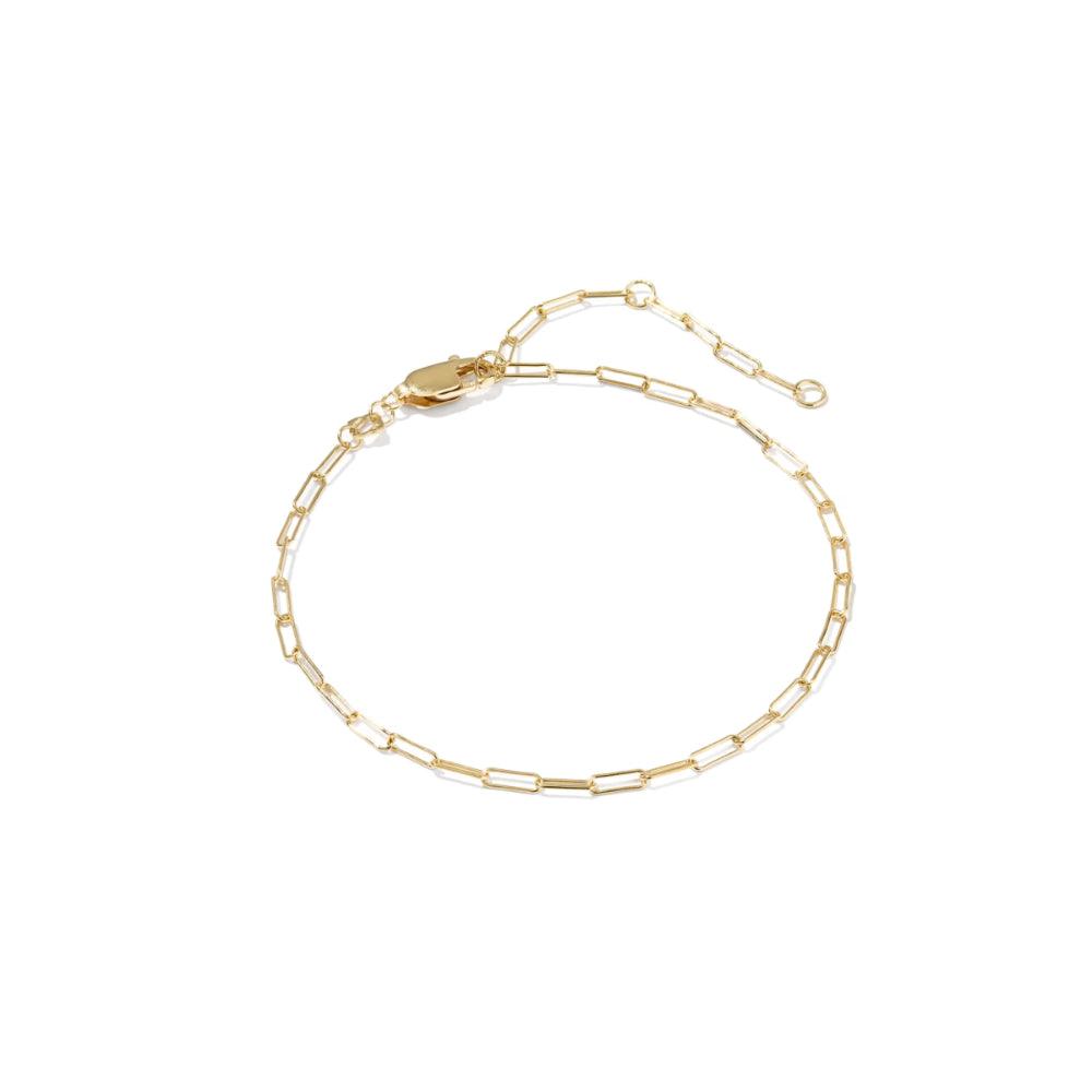 A delicate gold paperclip chain bracelet with a lobster clasp and extension chain, displayed on a clean white background.