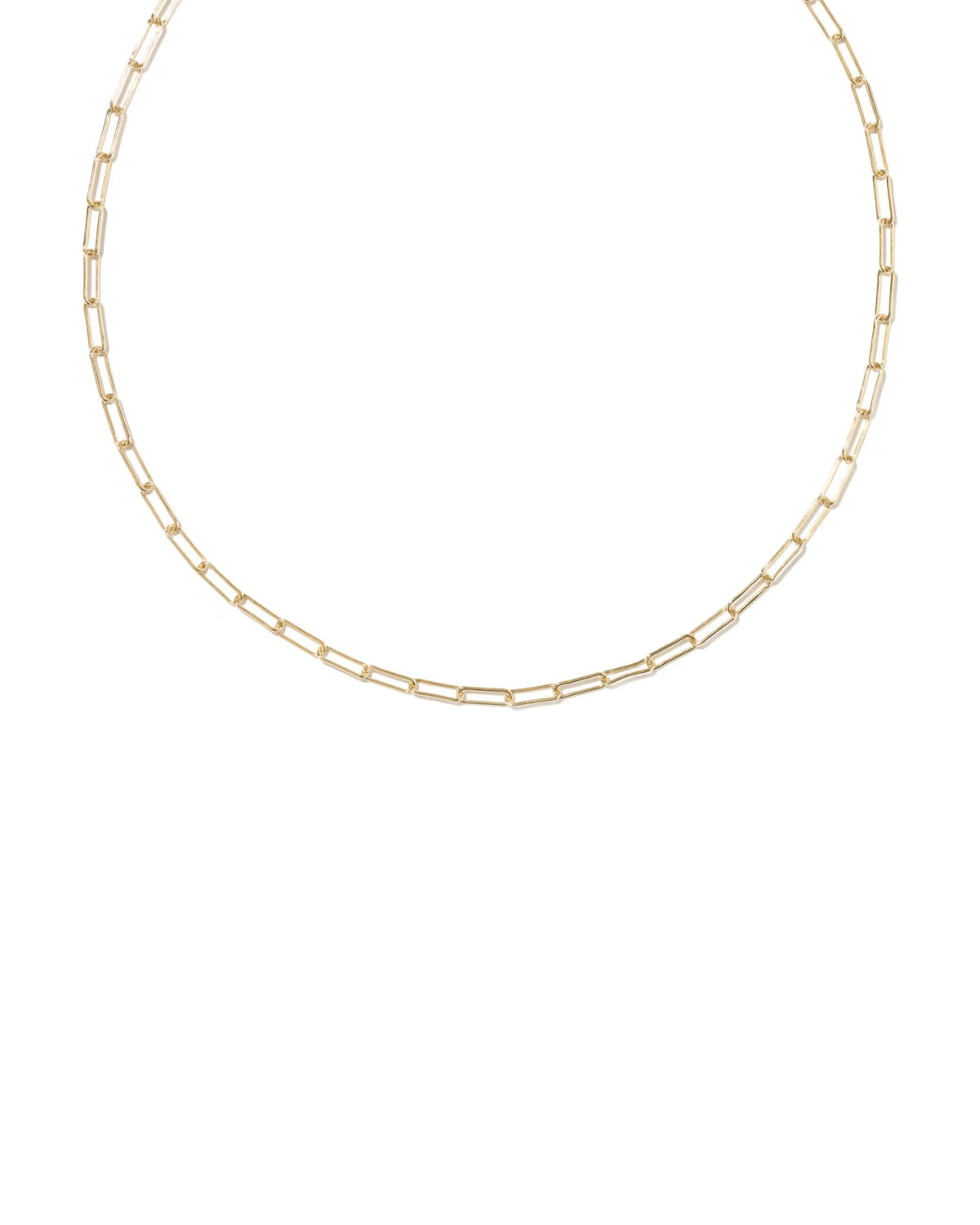 A delicate gold paperclip chain necklace displayed against a solid white background.