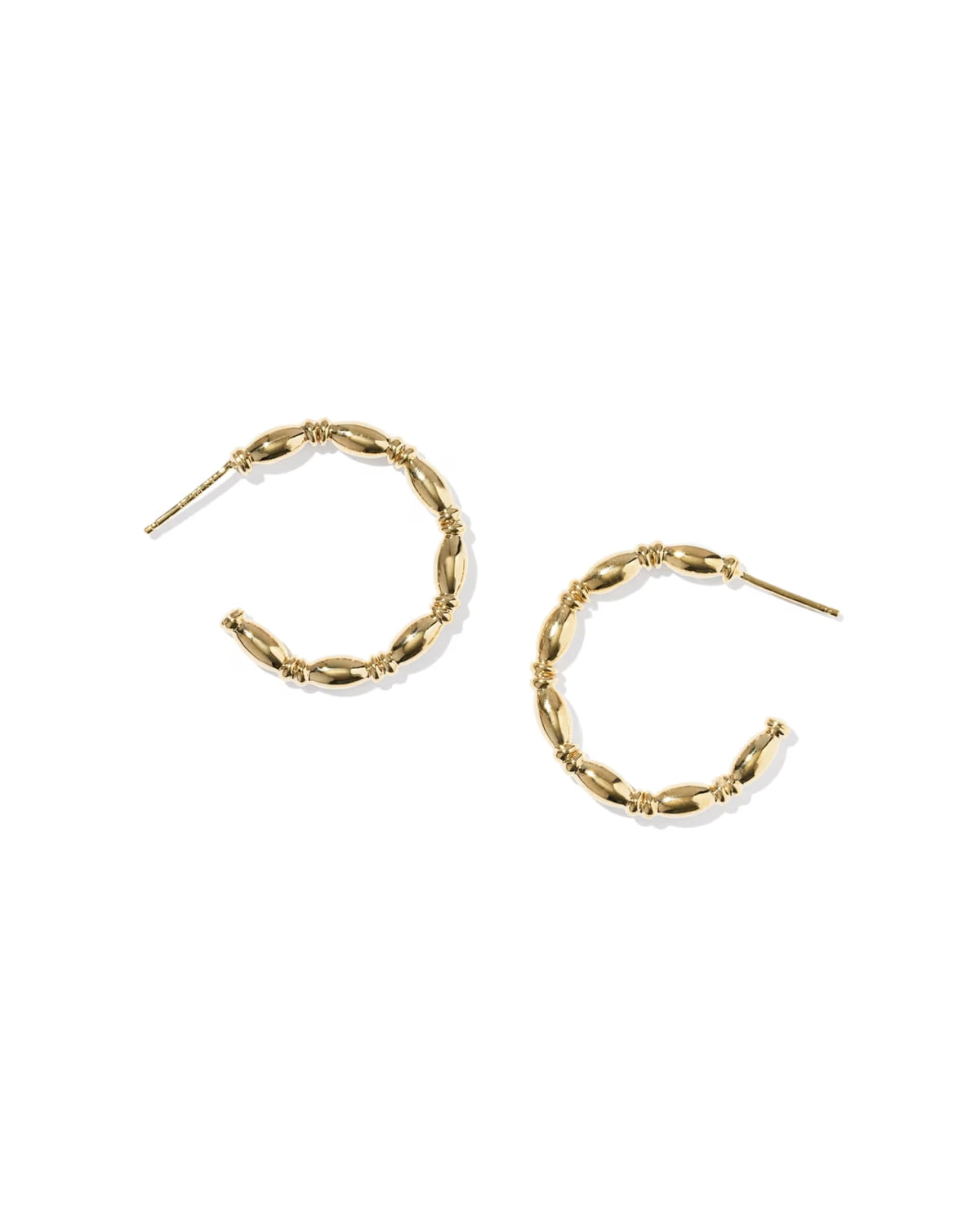 A pair of gold-toned twisted link hoop earrings with post backings, displayed on a clean white background.