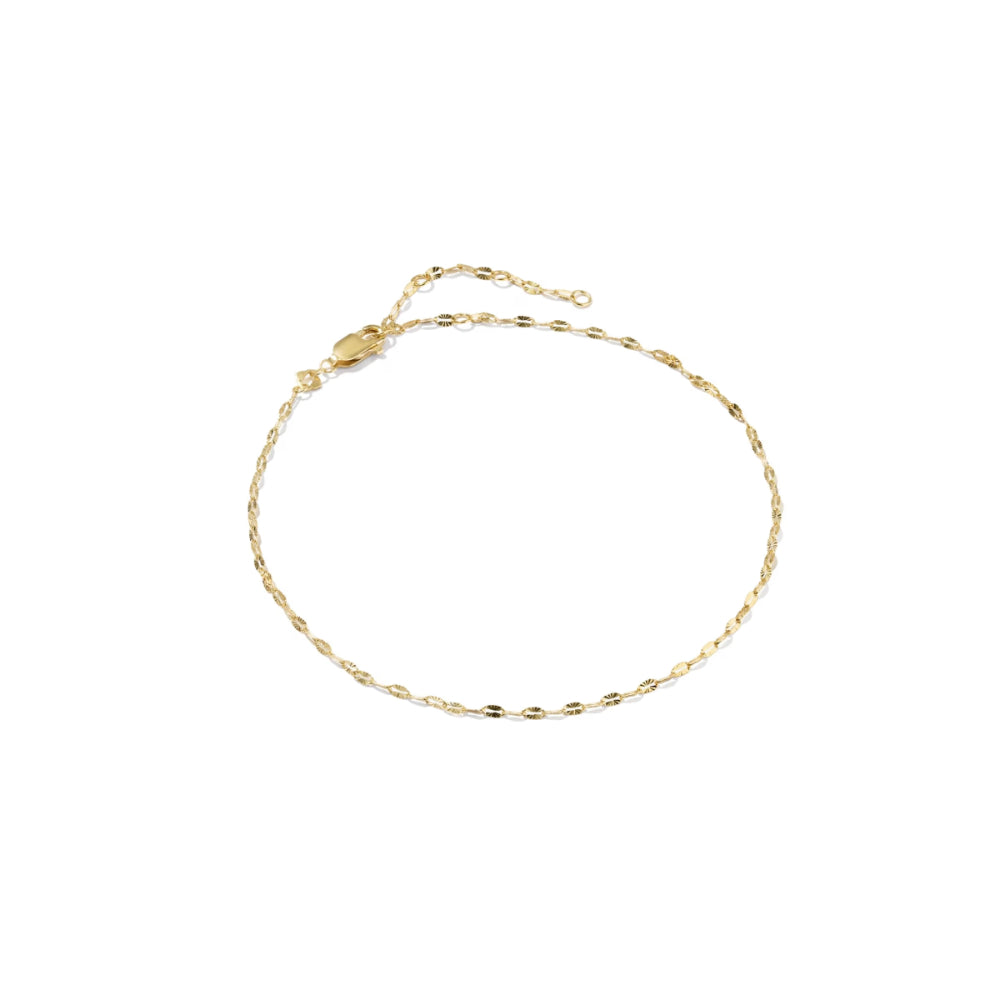 A delicate gold chain anklet with a lobster clasp, displayed on a clean white background.
