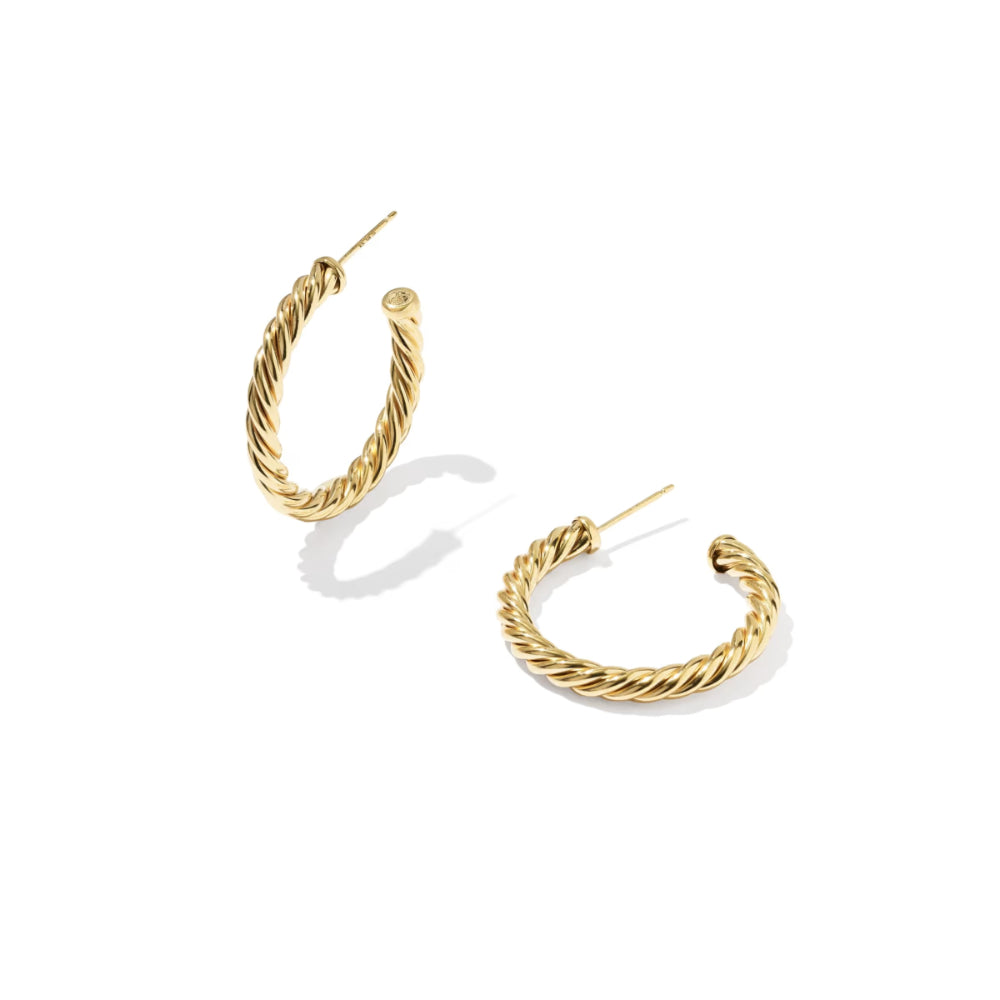 A pair of gold twisted hoop earrings with post backs, displayed on a clean white background with soft shadows.