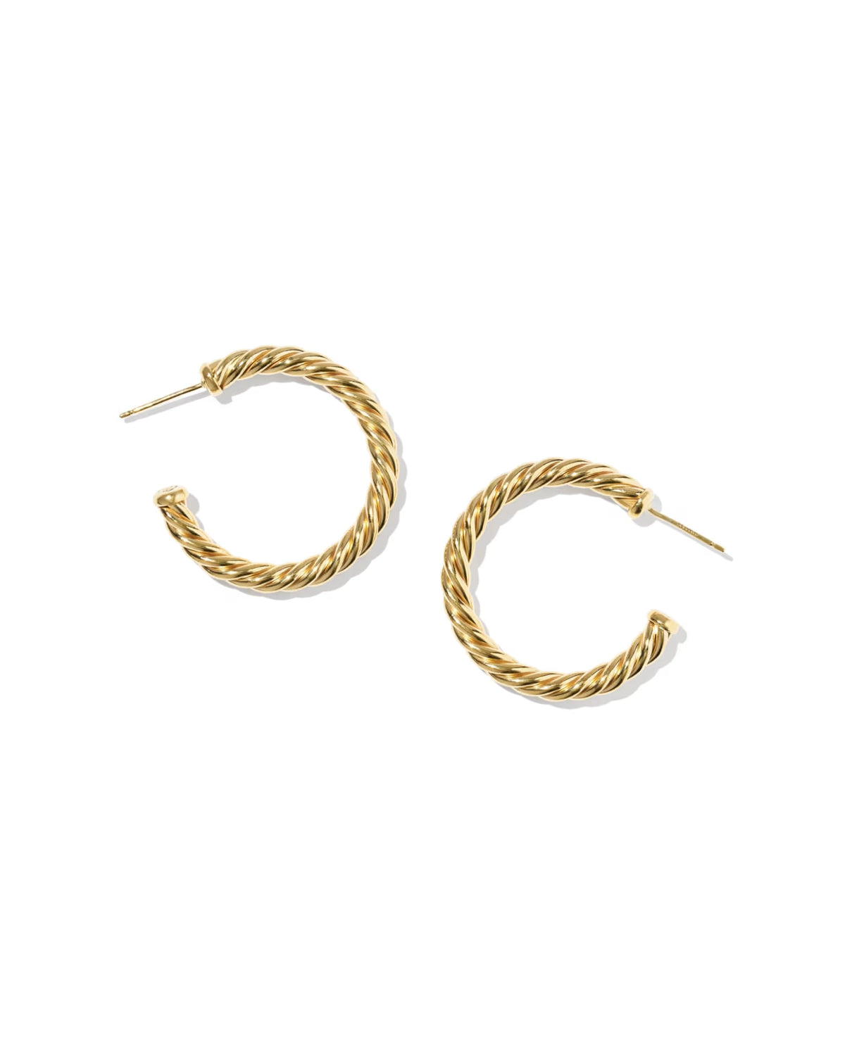 A pair of gold-toned twisted hoop earrings with post backs, displayed on a clean white background.