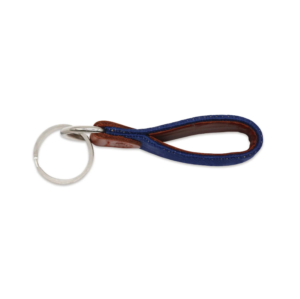 Keychain with blue and brown leather strap on a white background