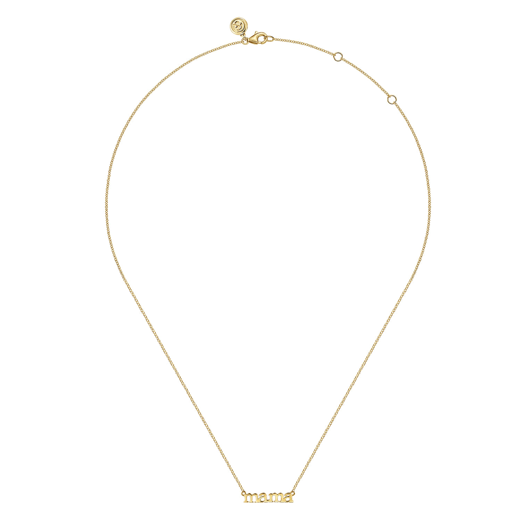 gold mama pendant necklace on white background