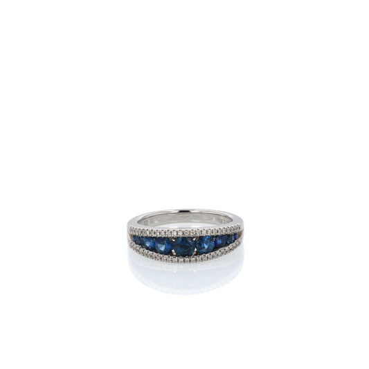 14k White Gold 3 Row Graduated Blue Sapphire and Diamond Band