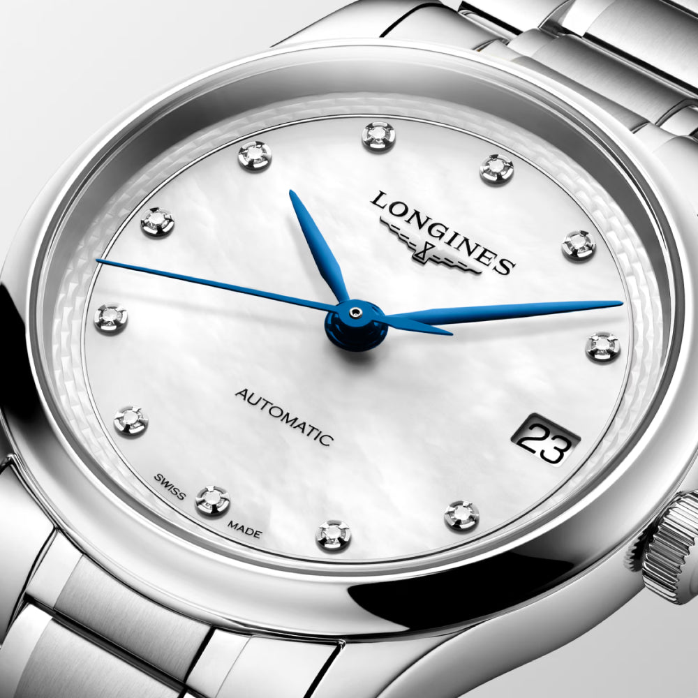 Longines stainless steel automatic watch with a mother of pearl diamond index dial on a white background